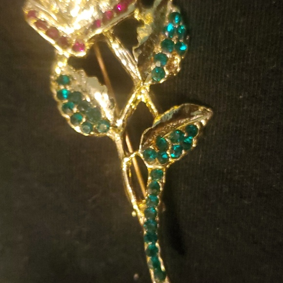 EUC Gold Rose Brooch/Pin with Pink, Red and Green Stones - Picture 3 of 6